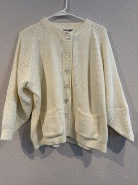 College Point Vintage Womens Cream‎ Thick Ribbed Boxy Button Up Cardigan Sweater